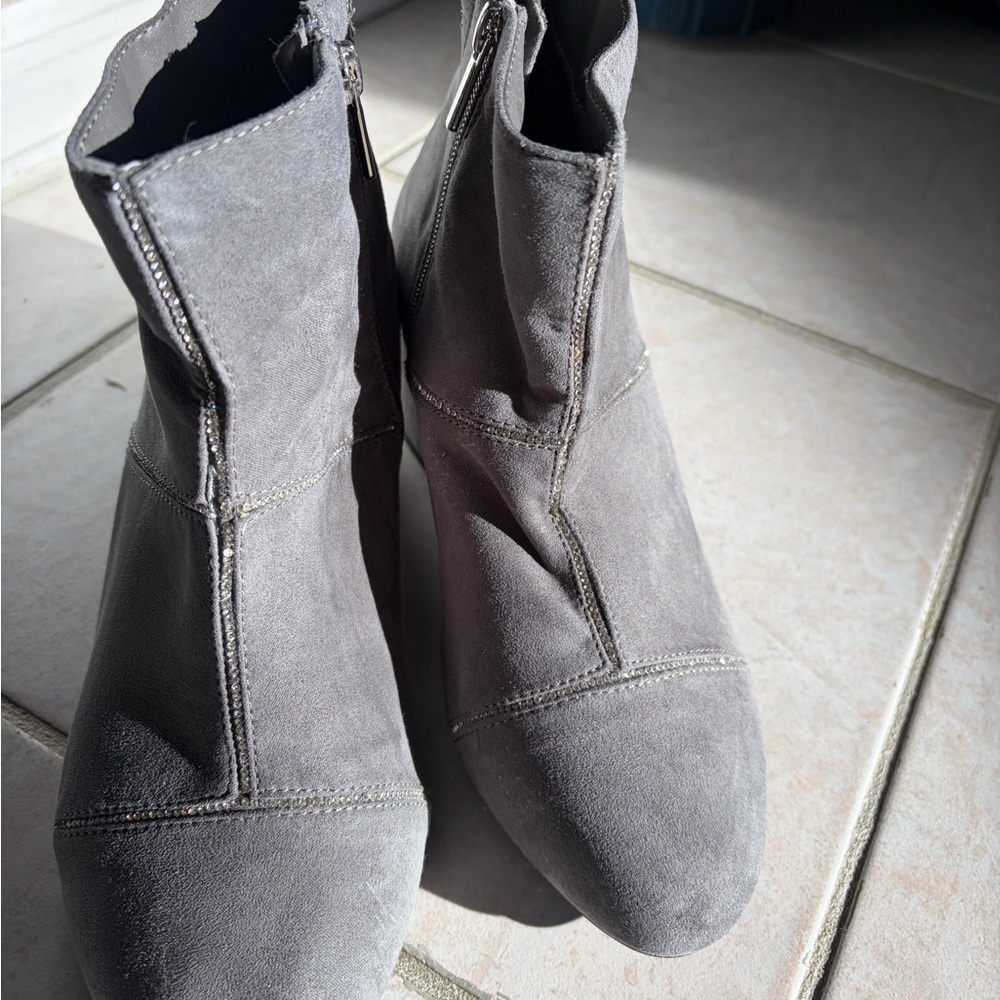 Torrid Gray Suede Ankle Boots with rhinestone trim